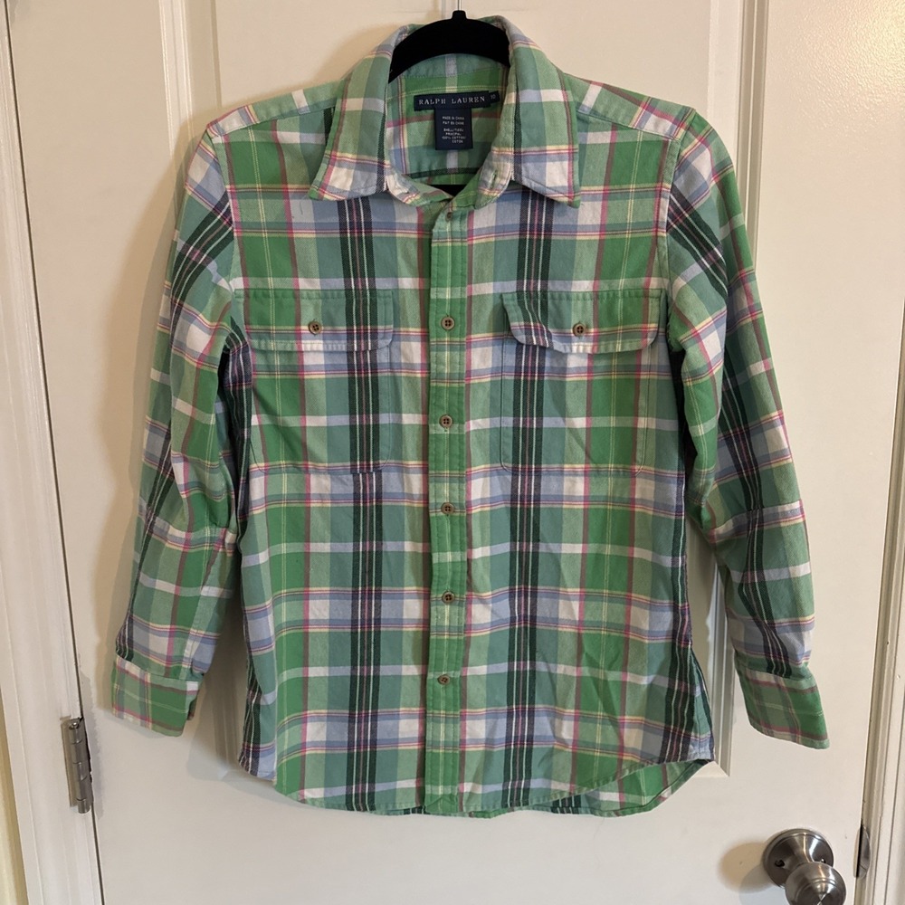Laurel Ralph Lauren RLL Flannel Button Down Women's Green Pink  Shirt Size 10